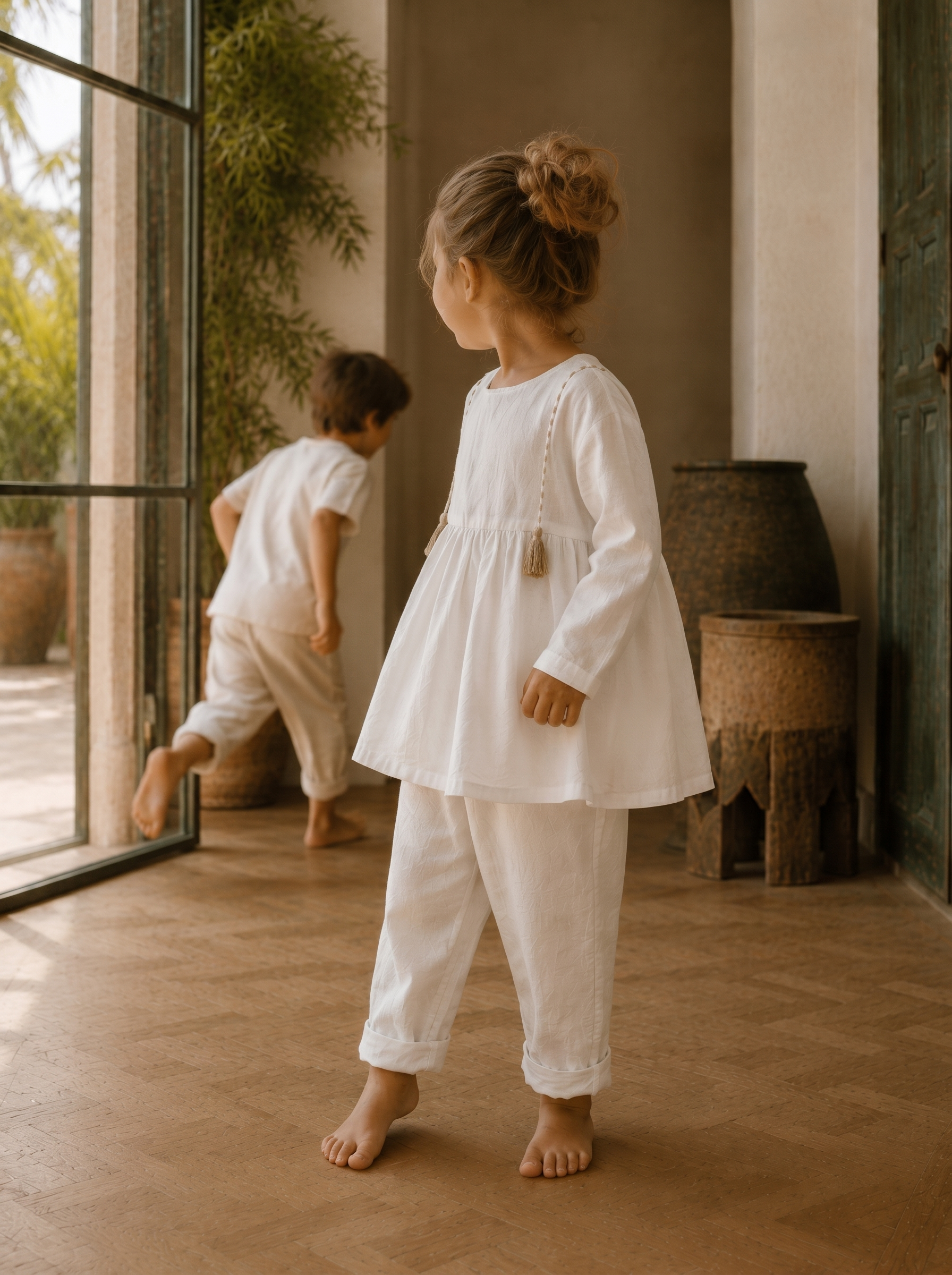 Blouse Ellie en lin brodé à la main et finie par un joli pompon. Confectionnée à Marrakech par Jojuba